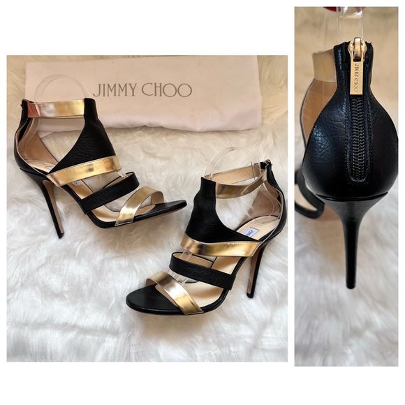 JIMMY CHOO Logo Besso Back & Gold Leather Strappy Heels - Picture 1 of 15